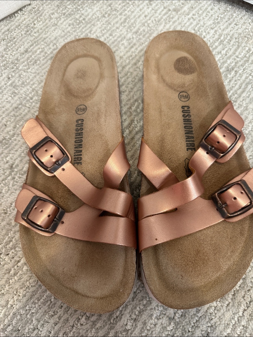 Women's Double-Buckle Slide Sandals in Metallic Rose